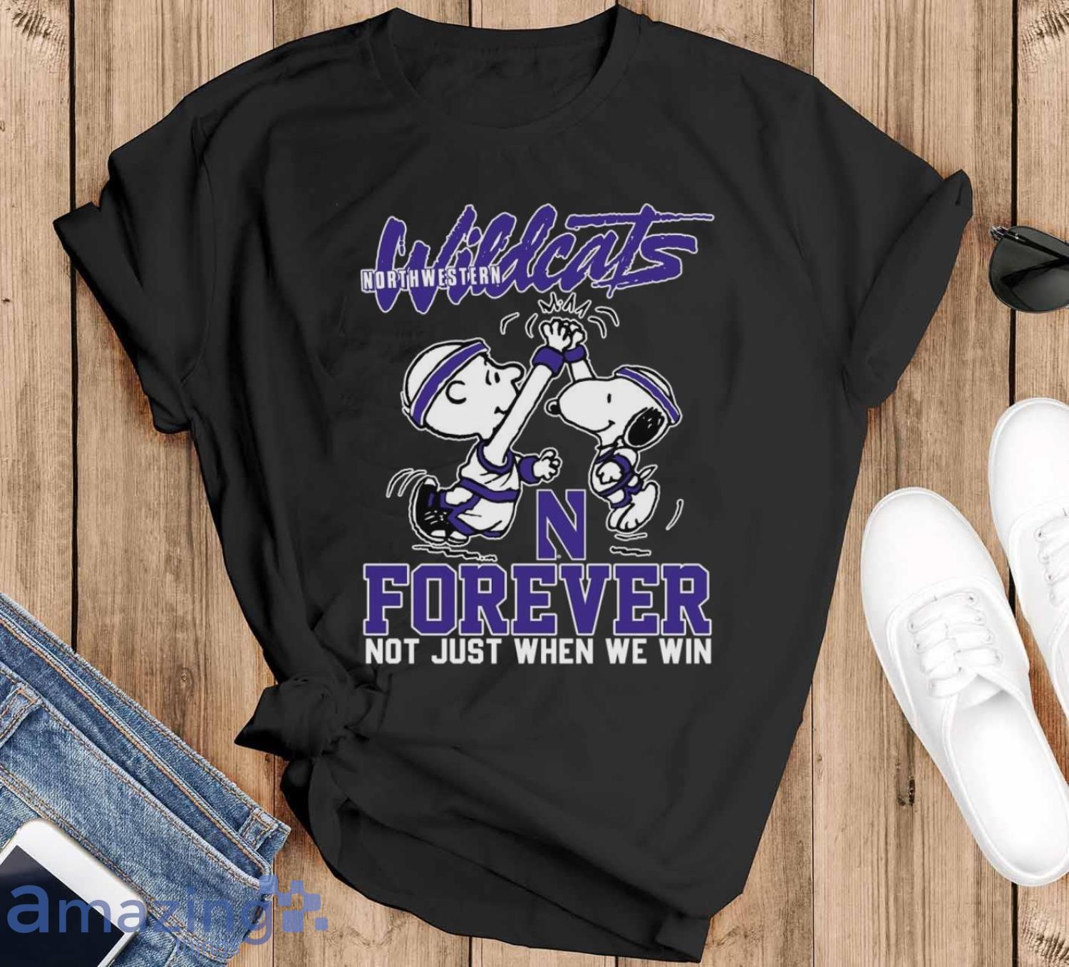 Peanuts Snoopy And Charlie Brown Northwestern High Five Forever Not Just When We Win Shirt image Peanuts Snoopy And Charlie Brown Northwestern High Five Forever Not Just When We Win Shirt - Black T-Shirt