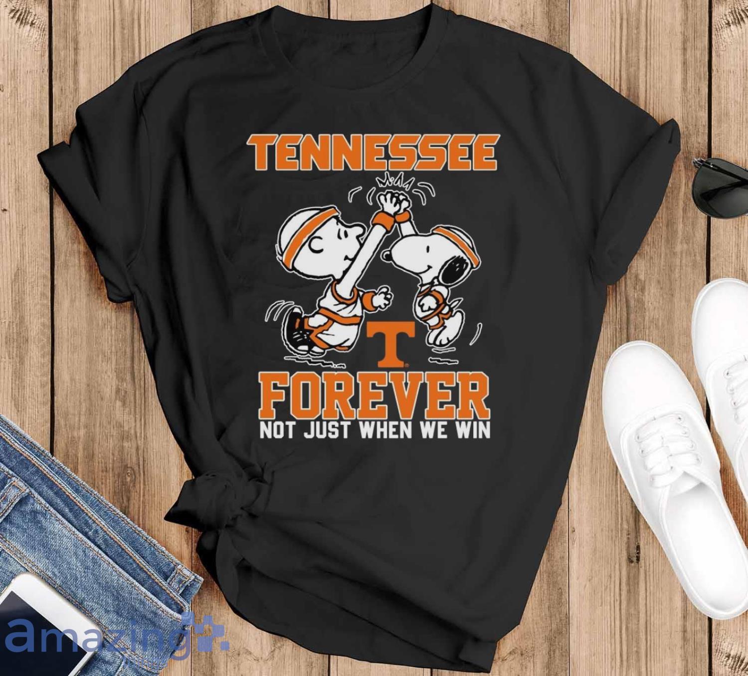 Peanuts Snoopy And Charlie Brown Tennessee Volunteer High Five Forever Not Just When We Win Shirt image Peanuts Snoopy And Charlie Brown Tennessee Volunteer High Five Forever Not Just When We Win Shirt - Black T-Shirt