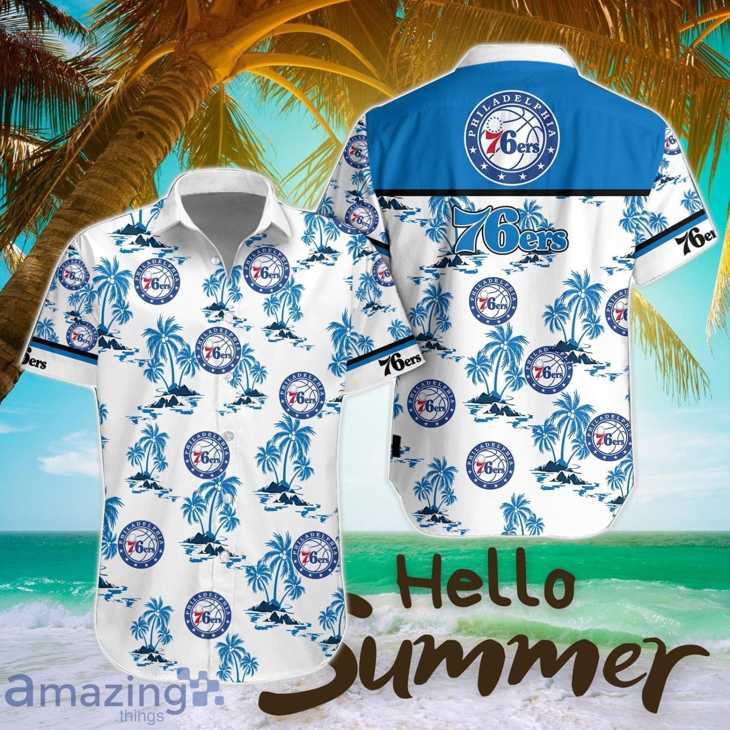 Philadelphia 76ers White Hawaiian Shirt All Printed Logo Team Shirt image Philadelphia 76ers White Hawaiian Shirt All Printed Logo Team Shirt Product Photo 1