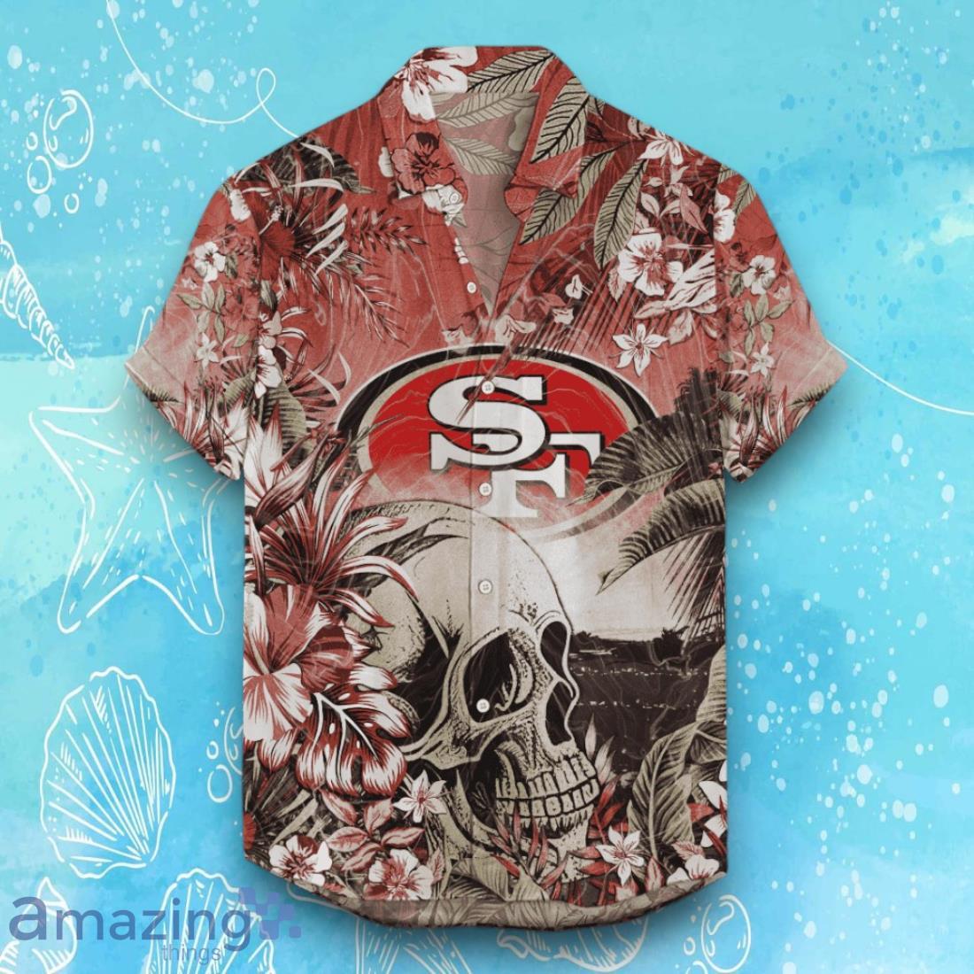 San Francisco 49ers Hawaiian Shirt Tropical Skull Halloween For Fans image San Francisco 49ers Hawaiian Shirt Tropical Skull Halloween For Fans Product Photo 1