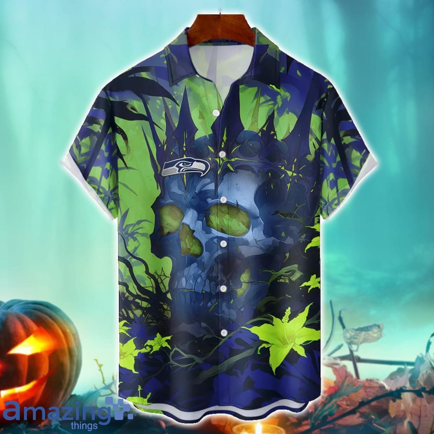 Seattle Seahawks NFL Skull Halloween Hawaiian Shirt Special Gift For Fans image Seattle Seahawks NFL Skull Halloween Hawaiian Shirt Special Gift For Fans Product Photo 1