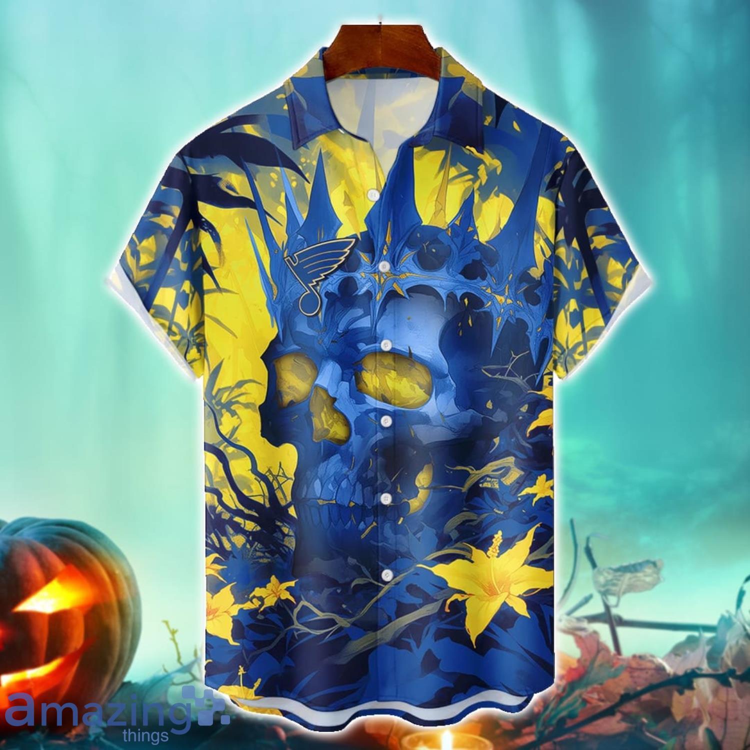 St Louis Blues NHL Halloween Skull 3DHawaiian Shirt Halloween Gift For Men Women image St Louis Blues NHL Halloween Skull 3DHawaiian Shirt Halloween Gift For Men Women Product Photo 1
