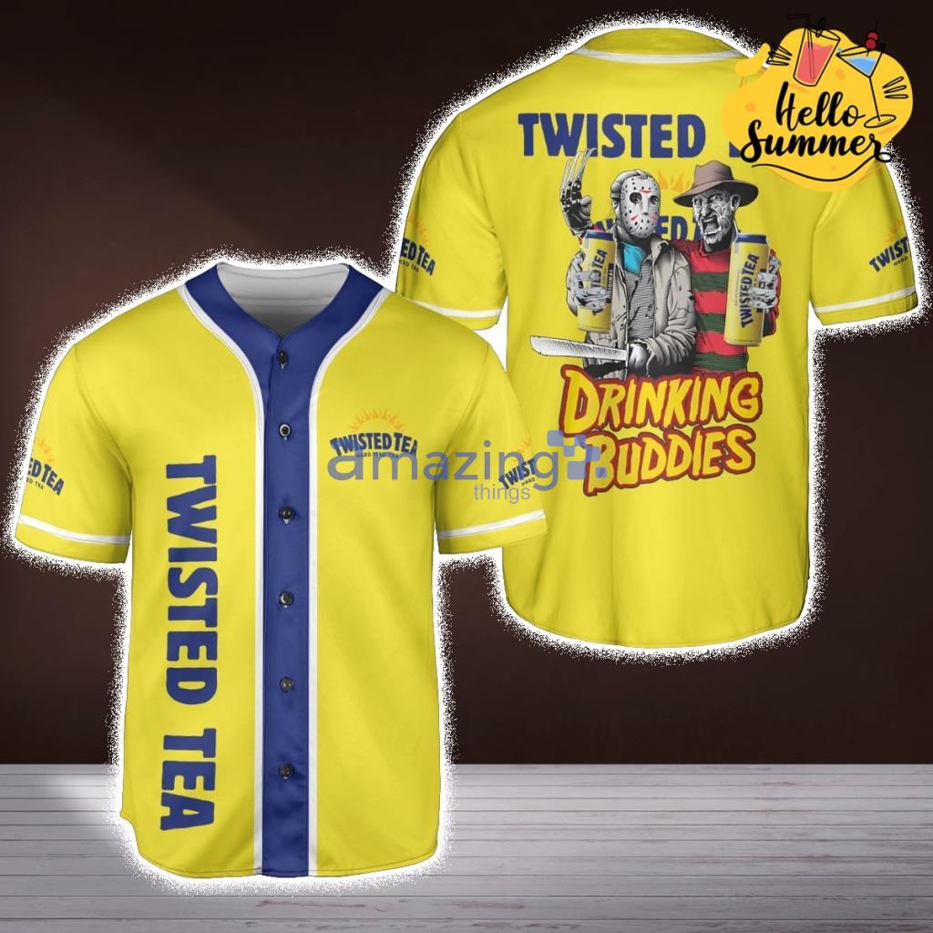 Twisted Tea Halloween Drinking Buddies Michael Myers Drinks Twisted Beer Costume Baseball Jersey Shirt image Twisted Tea Halloween Drinking Buddies Michael Myers Drinks Twisted Beer Costume Baseball Jersey Shirt Product Photo 1
