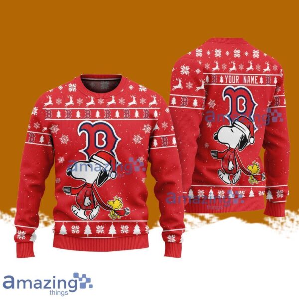 Boston Red Sox MLB Baseball Snoopy And Woodstock Funny Christmas Ugly Sweater Custom Name Gift For Fans Product Photo 1