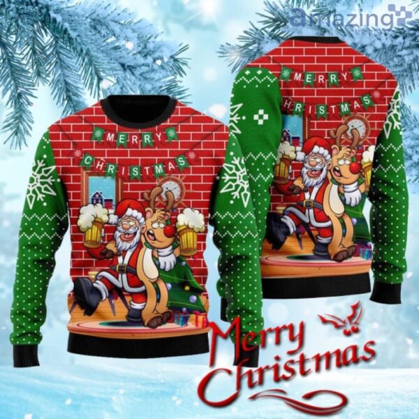 Oktoberfest Funny Santa Drink Beer With Reindeer Ugly Christmas Sweater Gift Knitting Sweater Product Photo 1