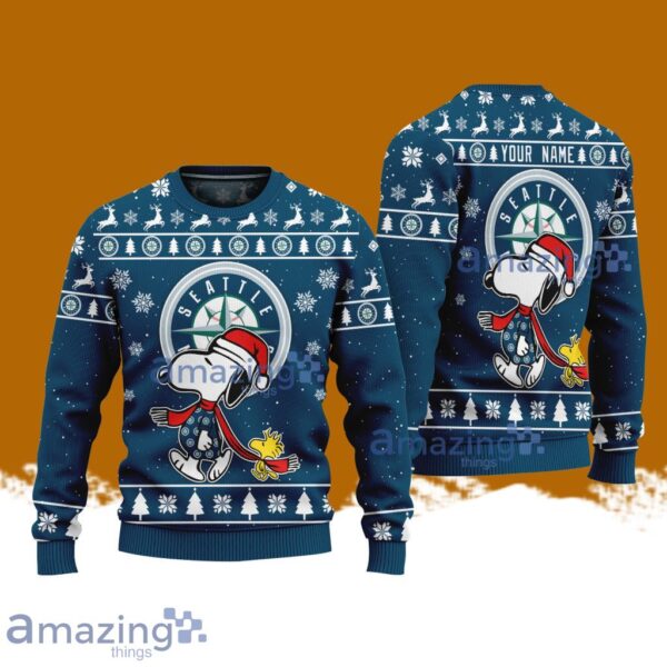 Seattle Mariners MLB Baseball Snoopy And Woodstock Funny Christmas Ugly Sweater Custom Name Gift For Fans Product Photo 1