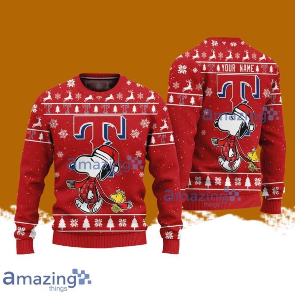 Texas Rangers MLB Baseball Snoopy And Woodstock Funny Christmas Ugly Sweater Custom Name Gift For Fans Product Photo 1