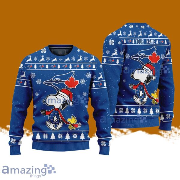 Toronto Blue Jays MLB Baseball Snoopy And Woodstock Funny Christmas Ugly Sweater Custom Name Gift For Fans Product Photo 1