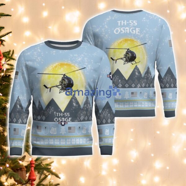 TH-55 Osage TH55 Light Blue Aircraft Moonlight 3D Ugly Christmas Sweater Christmas Gift Product Photo 1