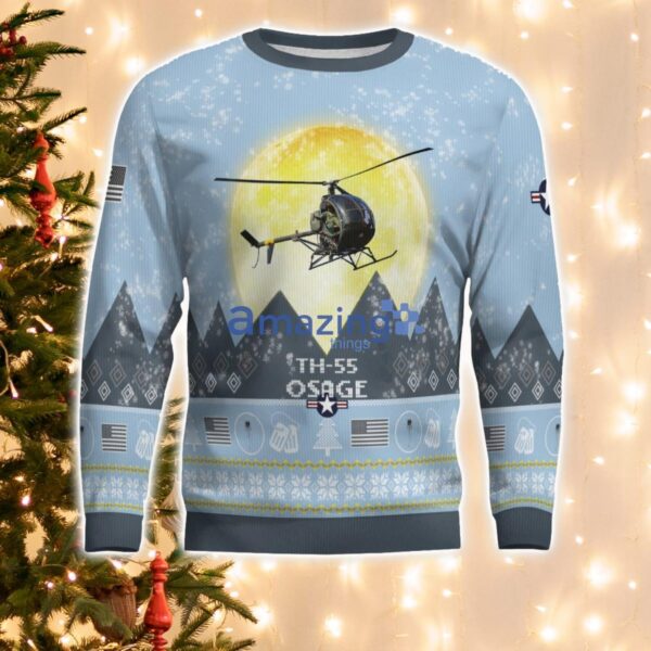 TH-55 Osage TH55 Light Blue Aircraft Moonlight 3D Ugly Christmas Sweater Christmas Gift Product Photo 2