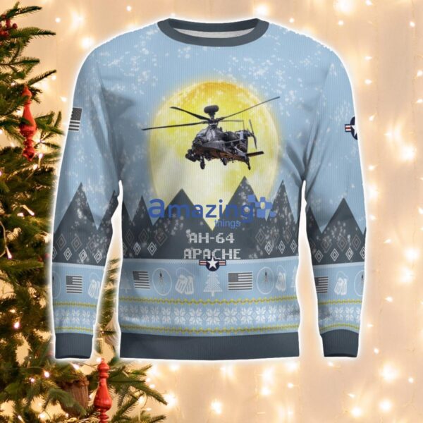 AH-64 Apache AH64 Light Blue Aircraft Moonlight 3D Ugly Christmas Sweater Christmas Gift Product Photo 2