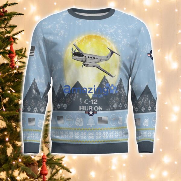 C-12 Huron C12 Light Blue Aircraft Moonlight 3D Ugly Christmas Sweater Christmas Gift Product Photo 2