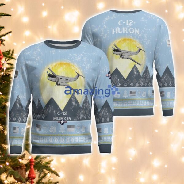 C-12 Huron C12 Light Blue Aircraft Moonlight 3D Ugly Christmas Sweater Christmas Gift Product Photo 1