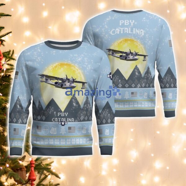 Consolidated PBY Catalina Light Blue Aircraft Moonlight 3D Ugly Christmas Sweater Christmas Gift Product Photo 1