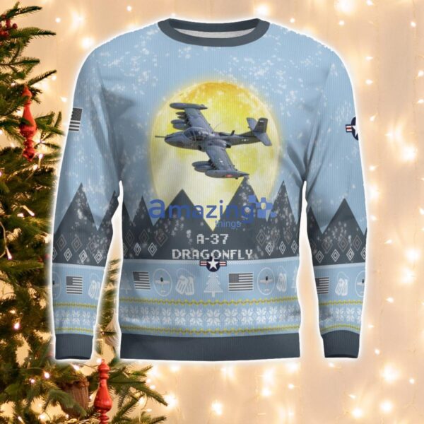 A-37 Dragonfly A37 Light Blue Aircraft Moonlight 3D Ugly Christmas Sweater Christmas Gift Product Photo 2