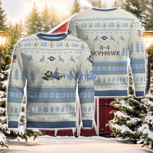 A-4 Skyhawk A4 AOP Aircraft Ugly Christmas Sweater Christmas Gift Veteran Light Blue Color Product Photo 1