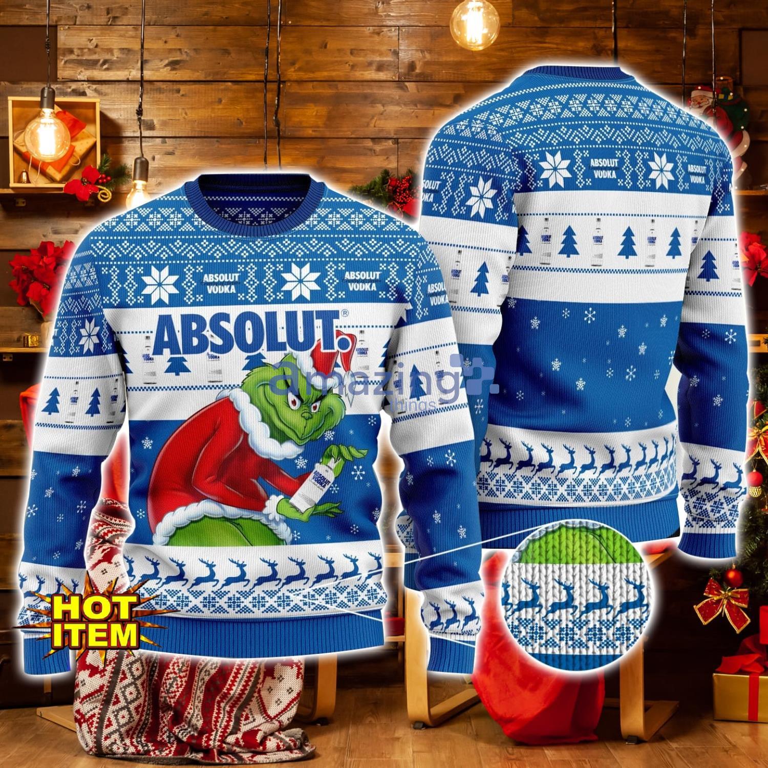 Absolut Vodka Grinch Hug Logo Ugly Christmas Sweater Christmas Gift For Men And Women White Blue image Absolut Vodka Grinch Hug Logo Ugly Christmas Sweater Christmas Gift For Men And Women White Blue Product Photo 1
