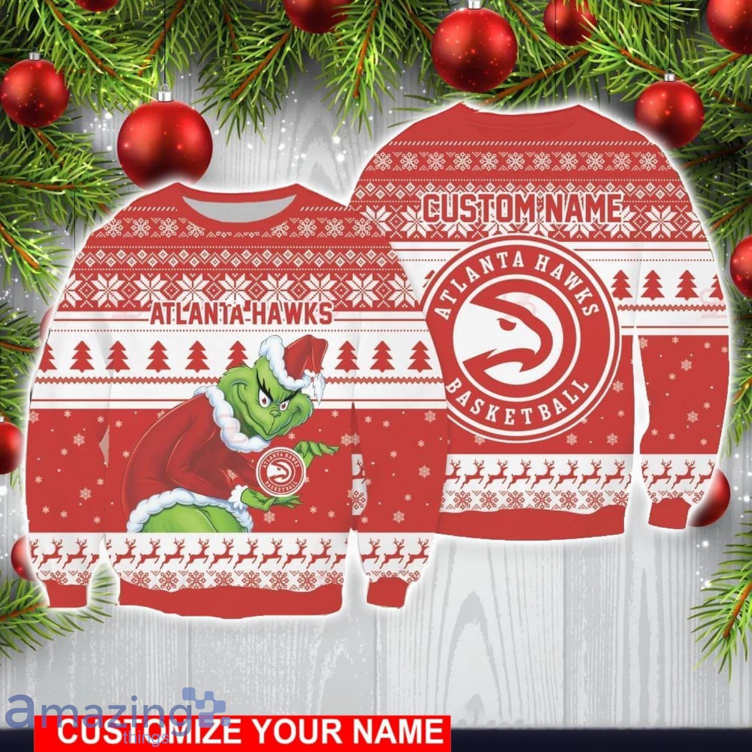 Atlanta Hawks Grinch With Logo Ugly Christmas Sweater Custom Name For Fans image Atlanta Hawks Grinch With Logo Ugly Christmas Sweater Custom Name For Fans Product Photo 1