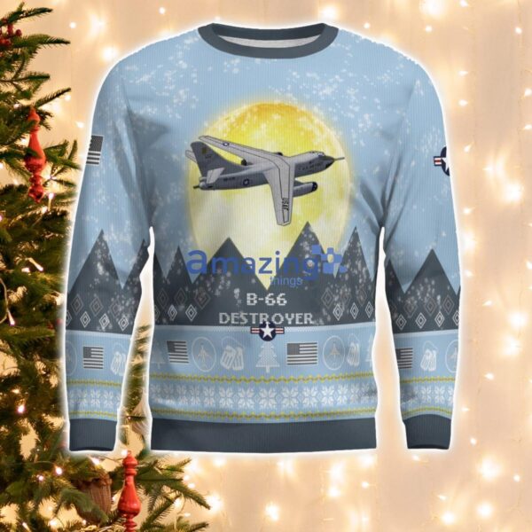 B-66 Destroyer B66 Light Blue Aircraft Moonlight 3D Ugly Christmas Sweater Christmas Gift Product Photo 2