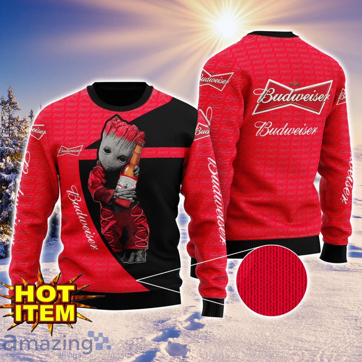 Baby Groot Hug Budweiser Ugly Christmas 3D Sweater All Over Print image Baby Groot Hug Budweiser Ugly Christmas 3D Sweater All Over Print Product Photo 1