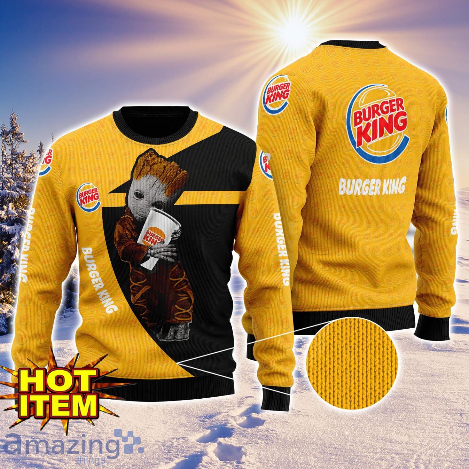 Baby Groot Hug burger king Ugly Christmas 3D Sweater All Over Print image Baby Groot Hug burger king Ugly Christmas 3D Sweater All Over Print Product Photo 1