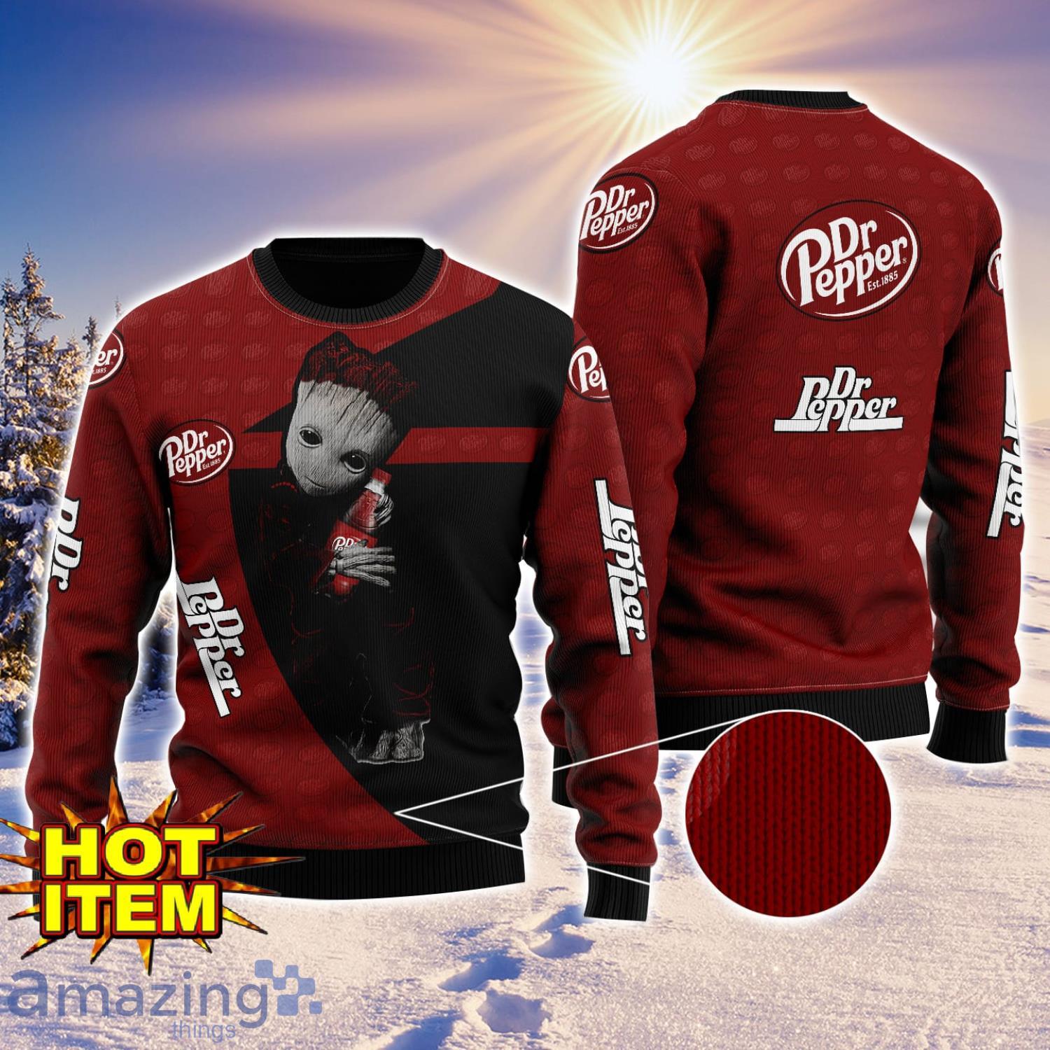 Baby Groot Hug dr pepper Ugly Christmas 3D Sweater All Over Print image Baby Groot Hug dr pepper Ugly Christmas 3D Sweater All Over Print Product Photo 1