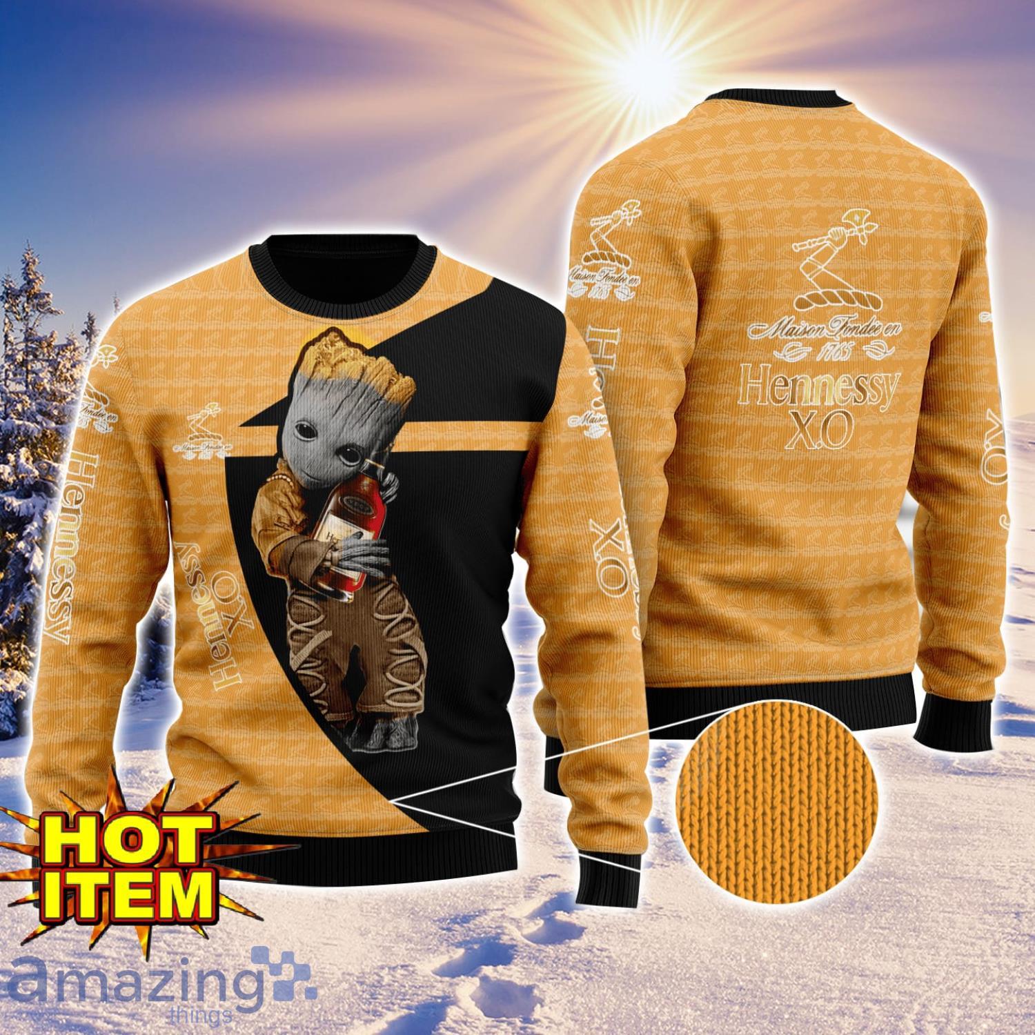 Baby Groot Hug Hennessy Cognac Ugly Christmas 3D Sweater All Over Print image Baby Groot Hug Hennessy Cognac Ugly Christmas 3D Sweater All Over Print Product Photo 1