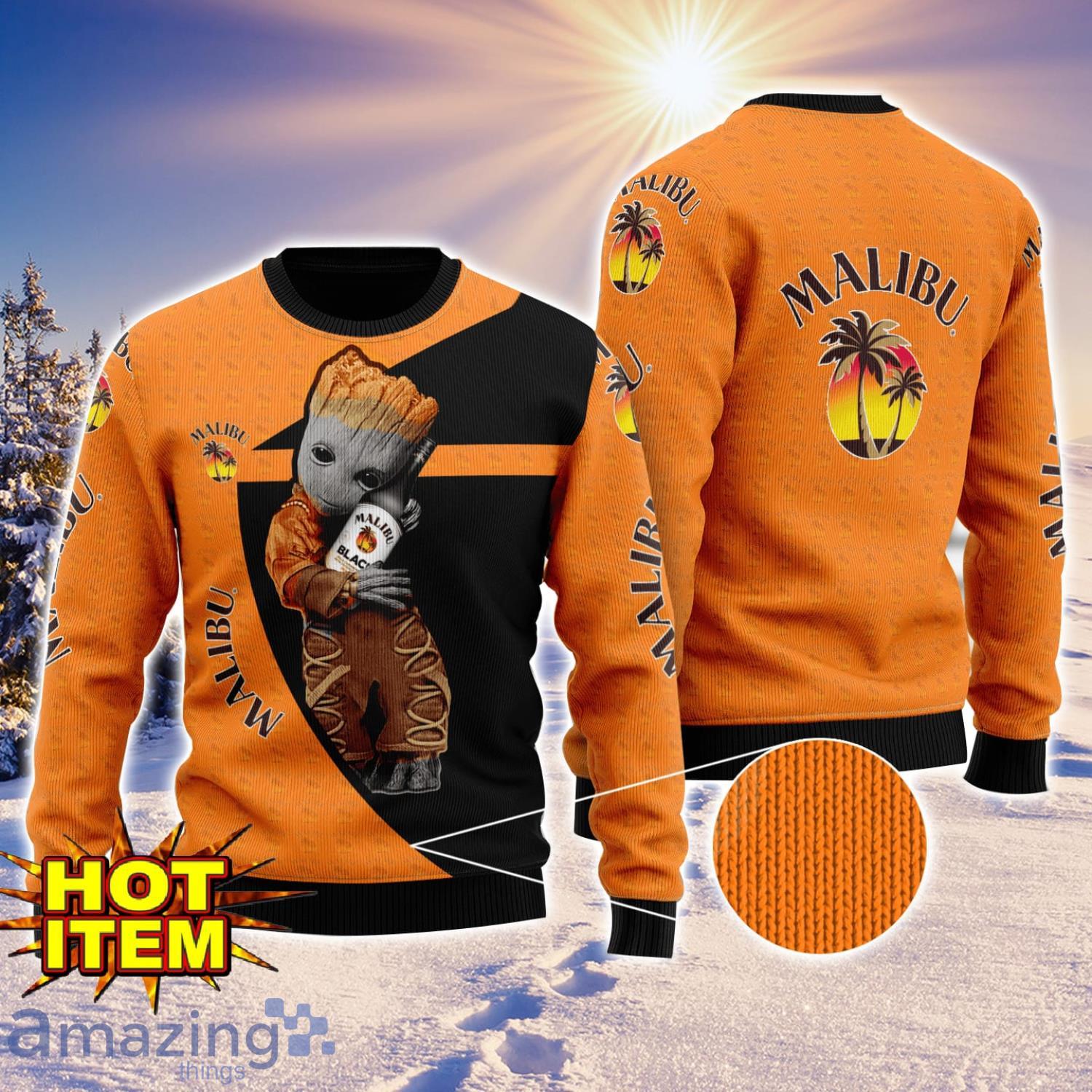 Baby Groot Hug Malibu Rum Ugly Christmas 3D Sweater All Over Print image Baby Groot Hug Malibu Rum Ugly Christmas 3D Sweater All Over Print Product Photo 1