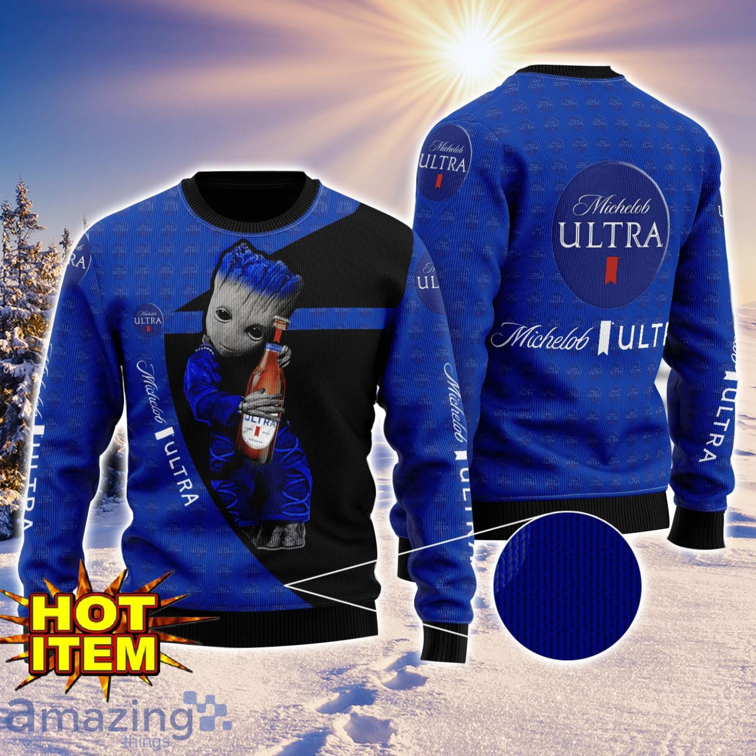 Baby Groot Hug michelob ultra Ugly Christmas 3D Sweater All Over Print image Baby Groot Hug michelob ultra Ugly Christmas 3D Sweater All Over Print Product Photo 1