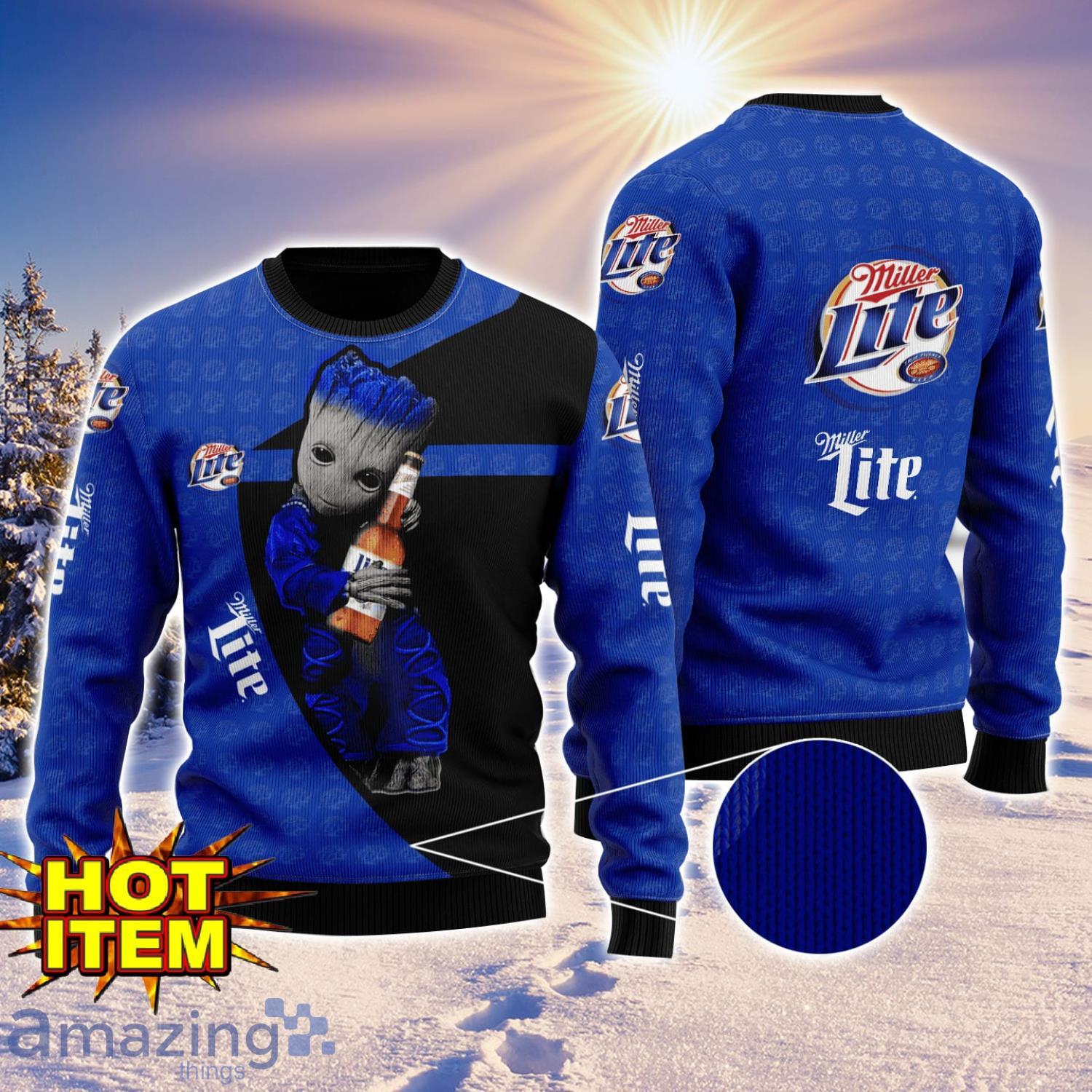 Baby Groot Hug Miller Lite Ugly Christmas 3D Sweater All Over Print image Baby Groot Hug Miller Lite Ugly Christmas 3D Sweater All Over Print Product Photo 1
