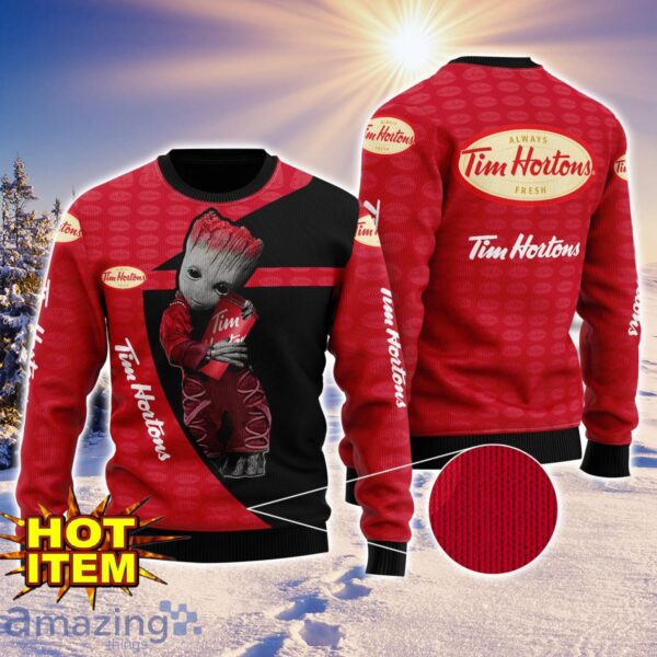 Baby Groot Hug tim hortons Ugly Christmas 3D Sweater All Over Print Product Photo 1