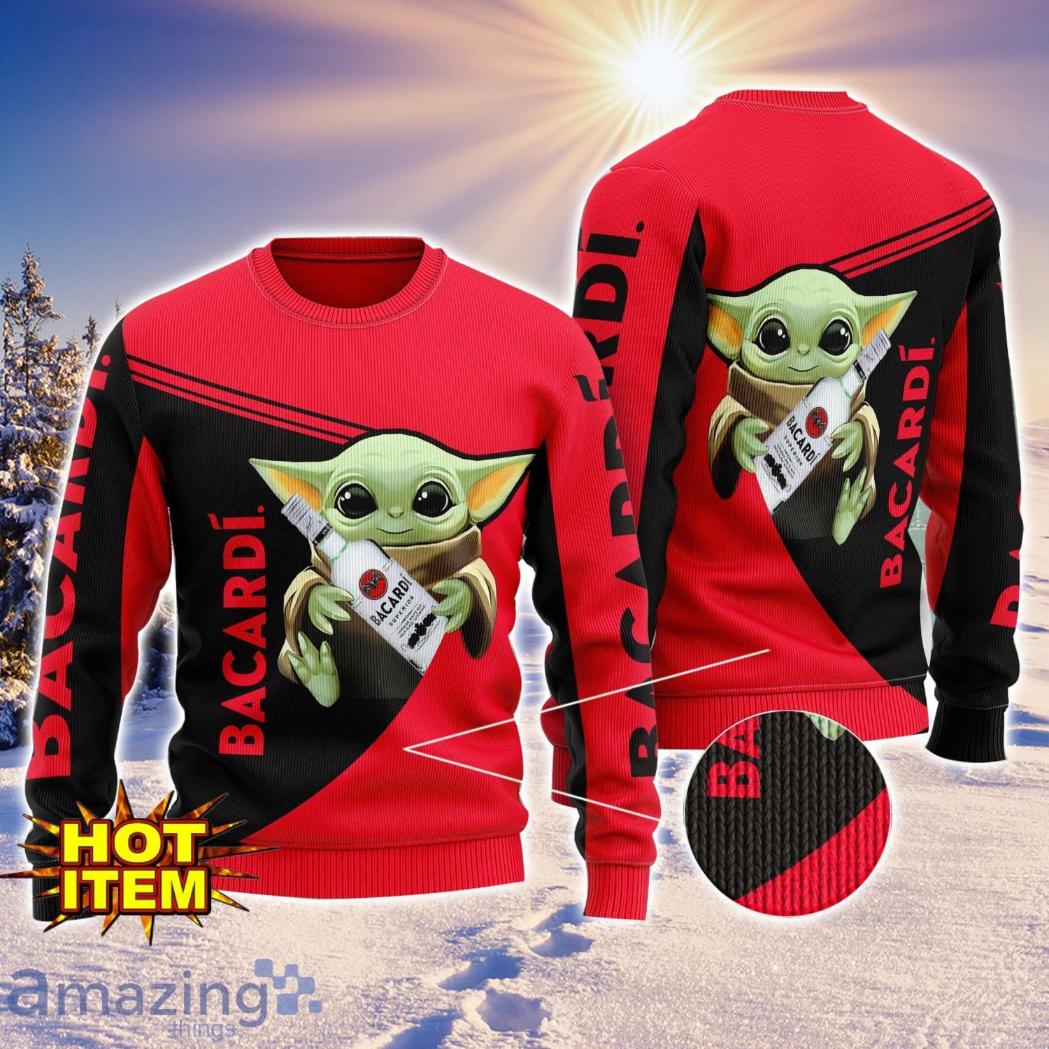 Baby Yoda Bacardi Rum AOP Ugly Christmas Sweater Unisex For Men And Women image Baby Yoda Bacardi Rum AOP Ugly Christmas Sweater Unisex For Men And Women Product Photo 1