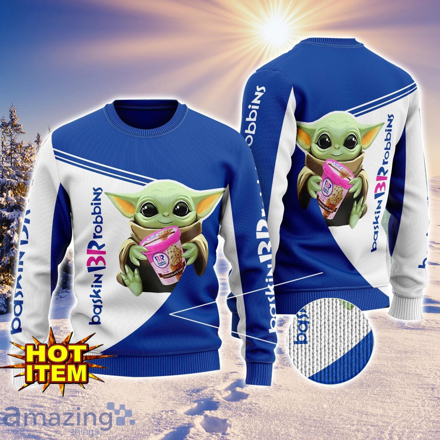 Baby Yoda Baskin Robbins AOP Ugly Christmas Sweater Unisex For Men And Women image Baby Yoda Baskin Robbins AOP Ugly Christmas Sweater Unisex For Men And Women Product Photo 1