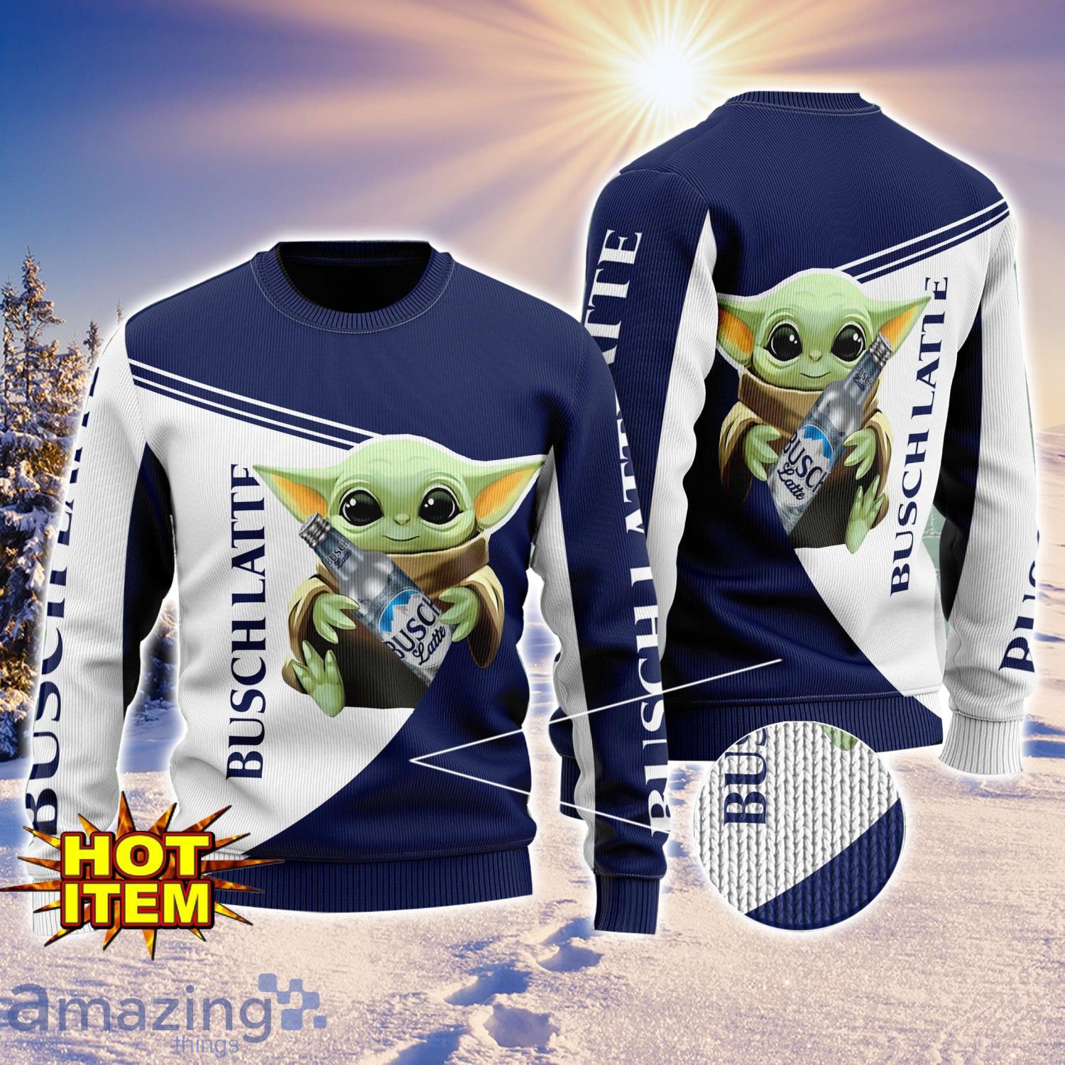 Baby Yoda Busch Latte AOP Ugly Christmas Sweater Unisex For Men And Women image Baby Yoda Busch Latte AOP Ugly Christmas Sweater Unisex For Men And Women Product Photo 1