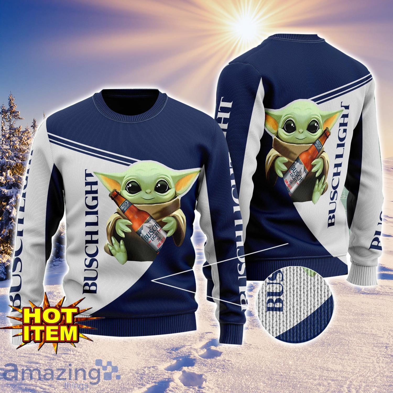 Baby Yoda Busch Light AOP Ugly Christmas Sweater Unisex For Men And Women image Baby Yoda Busch Light AOP Ugly Christmas Sweater Unisex For Men And Women Product Photo 1