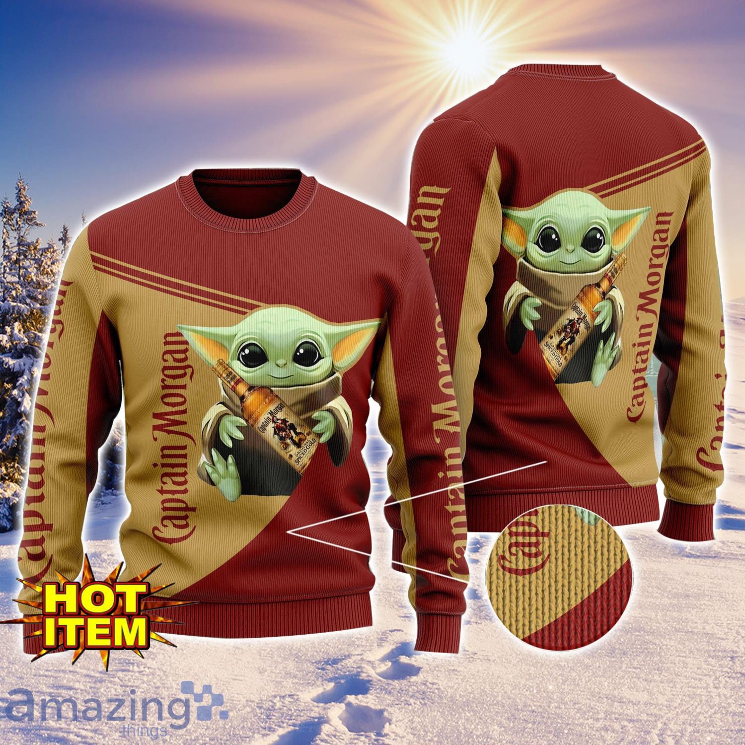 Baby Yoda Captain Morgan AOP Ugly Christmas Sweater Unisex For Men And Women image Baby Yoda Captain Morgan AOP Ugly Christmas Sweater Unisex For Men And Women Product Photo 1