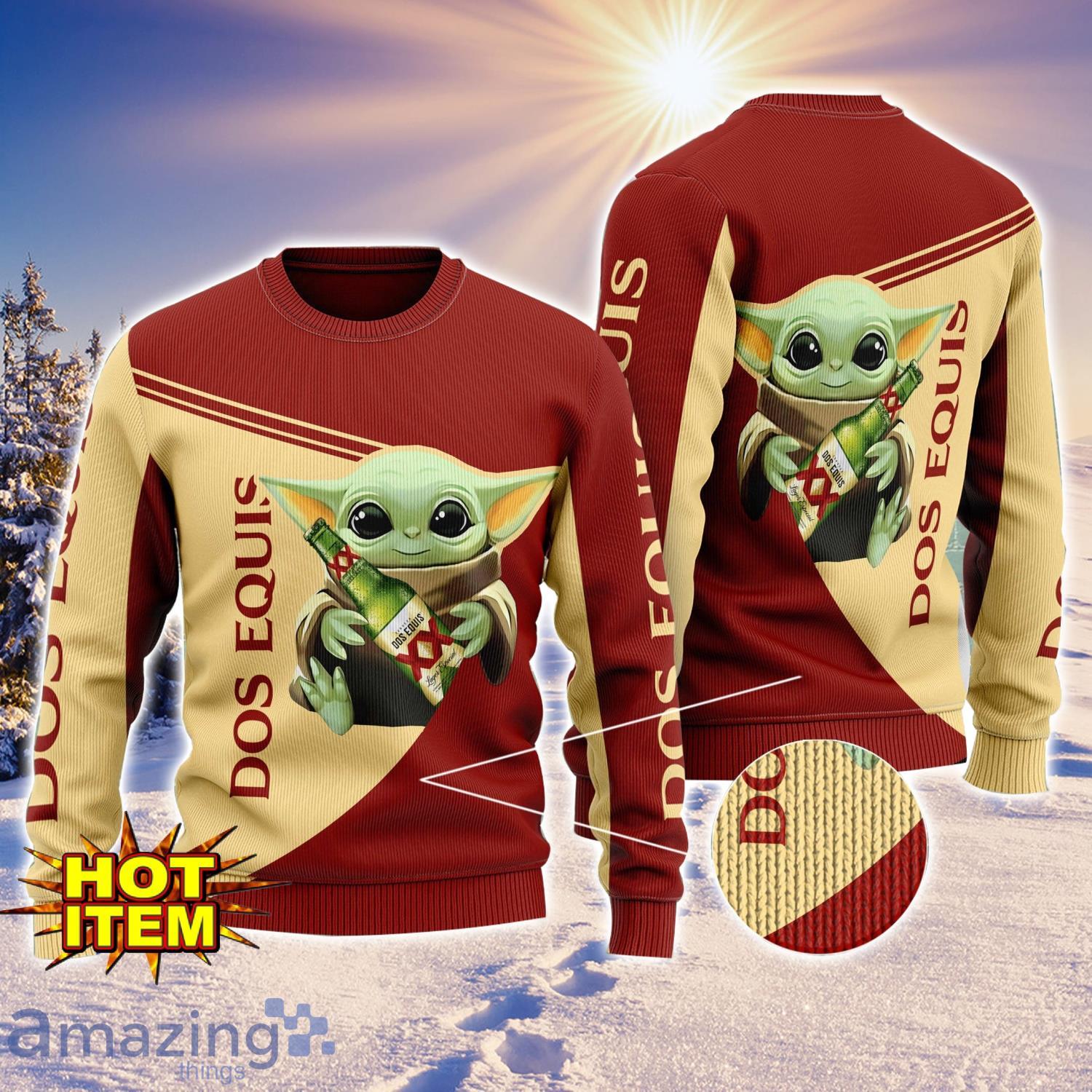 Baby Yoda Dos Equis AOP Ugly Christmas Sweater Unisex For Men And Women image Baby Yoda Dos Equis AOP Ugly Christmas Sweater Unisex For Men And Women Product Photo 1