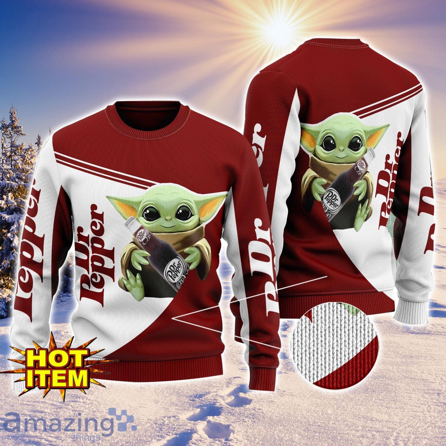 Baby Yoda Dr Pepper AOP Ugly Christmas Sweater Unisex For Men And Women image Baby Yoda Dr Pepper AOP Ugly Christmas Sweater Unisex For Men And Women Product Photo 1