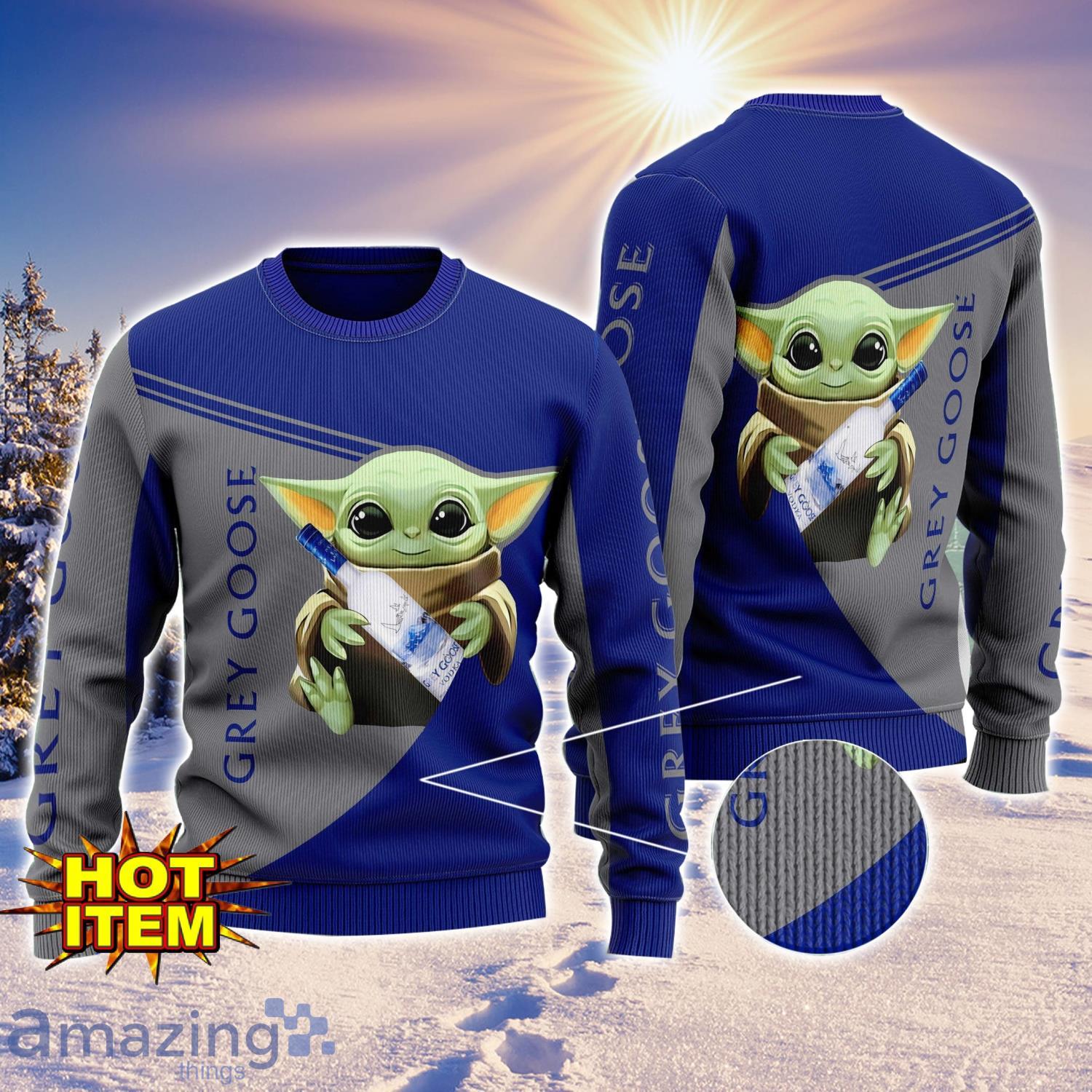 Baby Yoda Grey Goose Vodka AOP Ugly Christmas Sweater Unisex For Men And Women image Baby Yoda Grey Goose Vodka AOP Ugly Christmas Sweater Unisex For Men And Women Product Photo 1