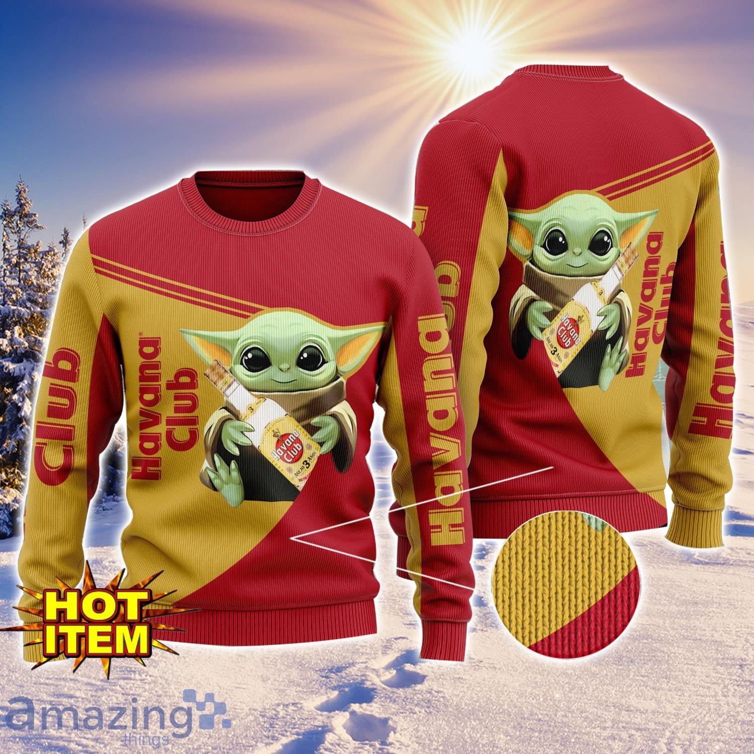Baby Yoda Havana Club AOP Ugly Christmas Sweater Unisex For Men And Women image Baby Yoda Havana Club AOP Ugly Christmas Sweater Unisex For Men And Women Product Photo 1