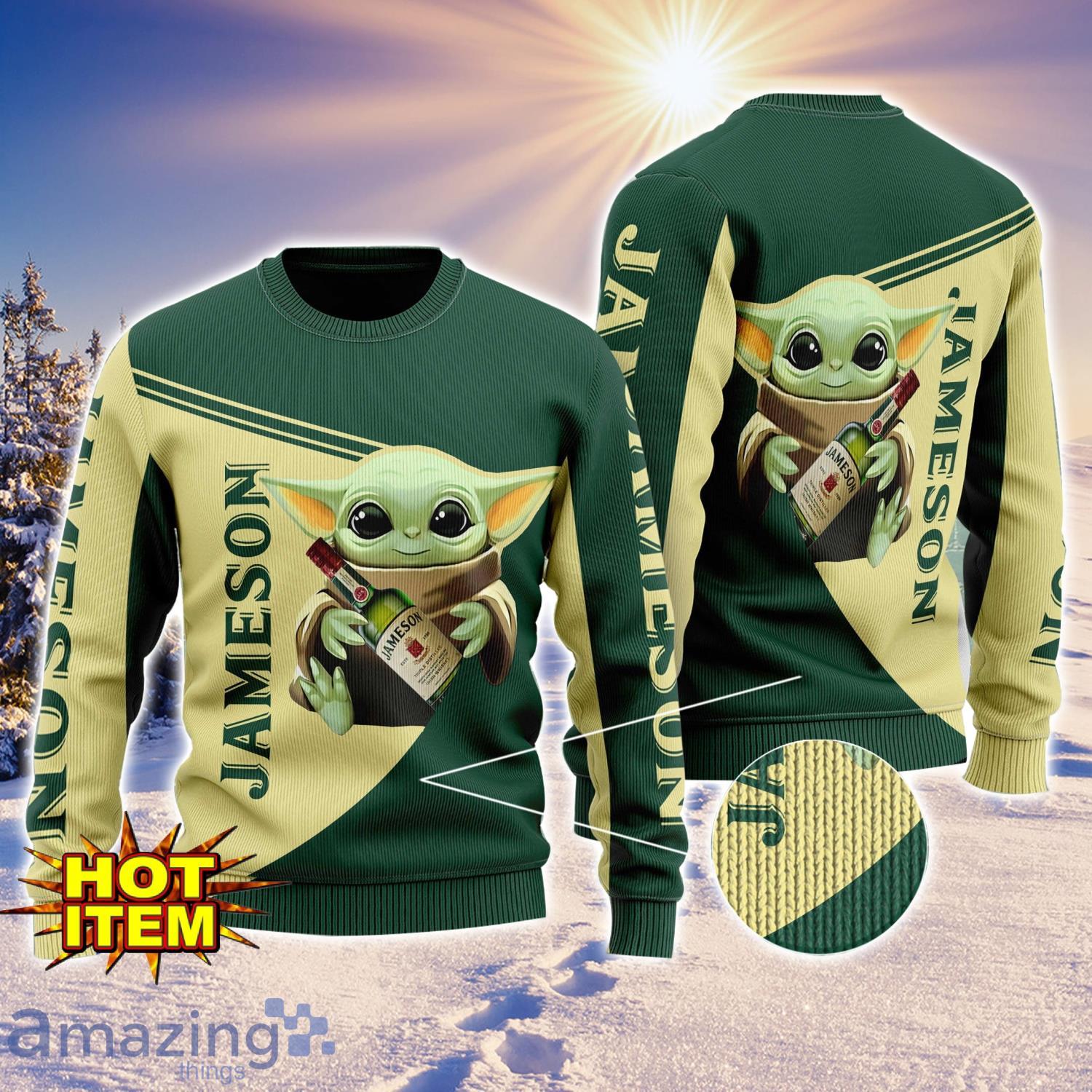 Baby Yoda Jameson Irish Whiskey AOP Ugly Christmas Sweater Unisex For Men And Women image Baby Yoda Jameson Irish Whiskey AOP Ugly Christmas Sweater Unisex For Men And Women Product Photo 1
