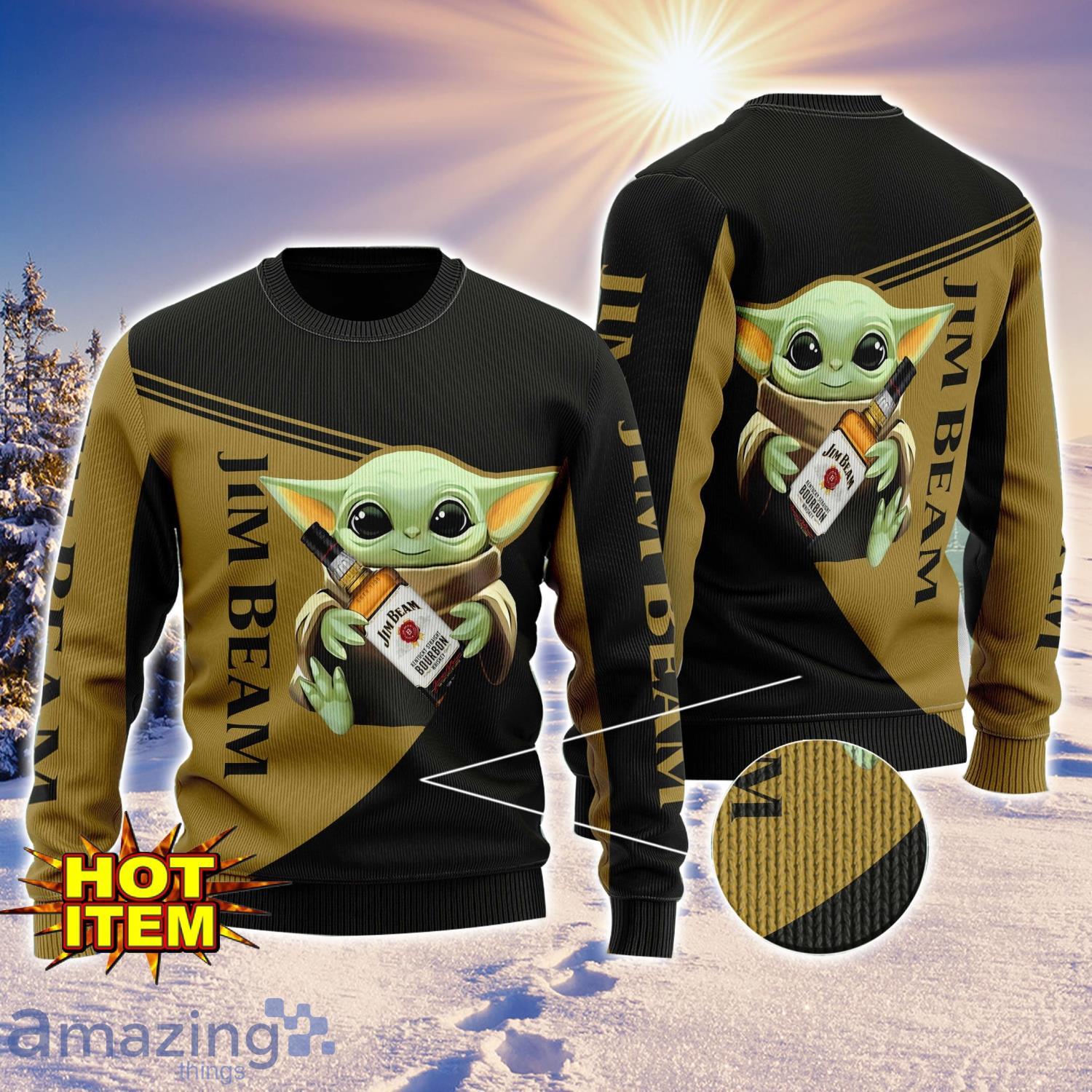 Baby Yoda Jim Beam AOP Ugly Christmas Sweater Unisex For Men And Women image Baby Yoda Jim Beam AOP Ugly Christmas Sweater Unisex For Men And Women Product Photo 1