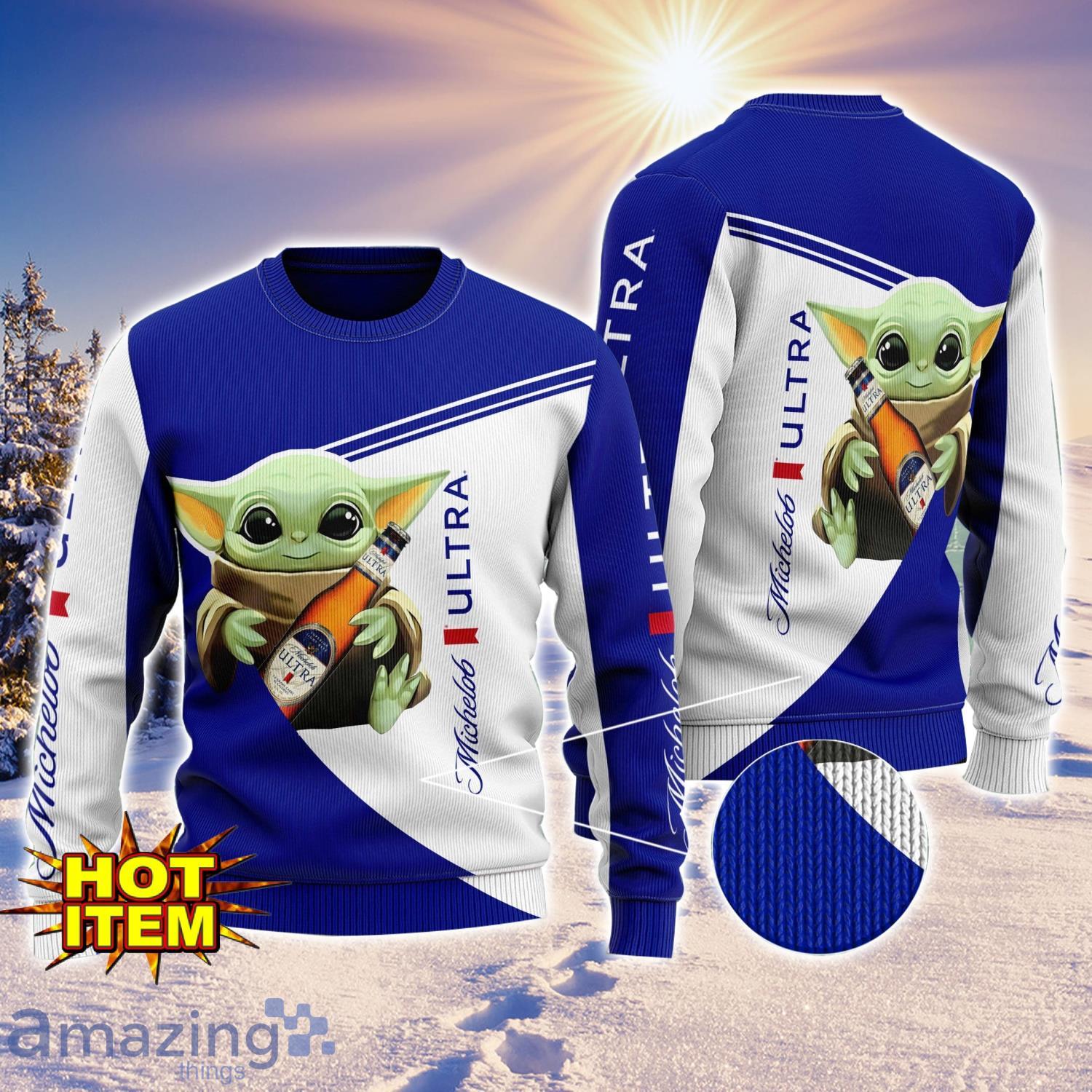 Baby Yoda michelob ultra AOP Ugly Christmas Sweater Unisex For Men And Women image Baby Yoda michelob ultra AOP Ugly Christmas Sweater Unisex For Men And Women Product Photo 1