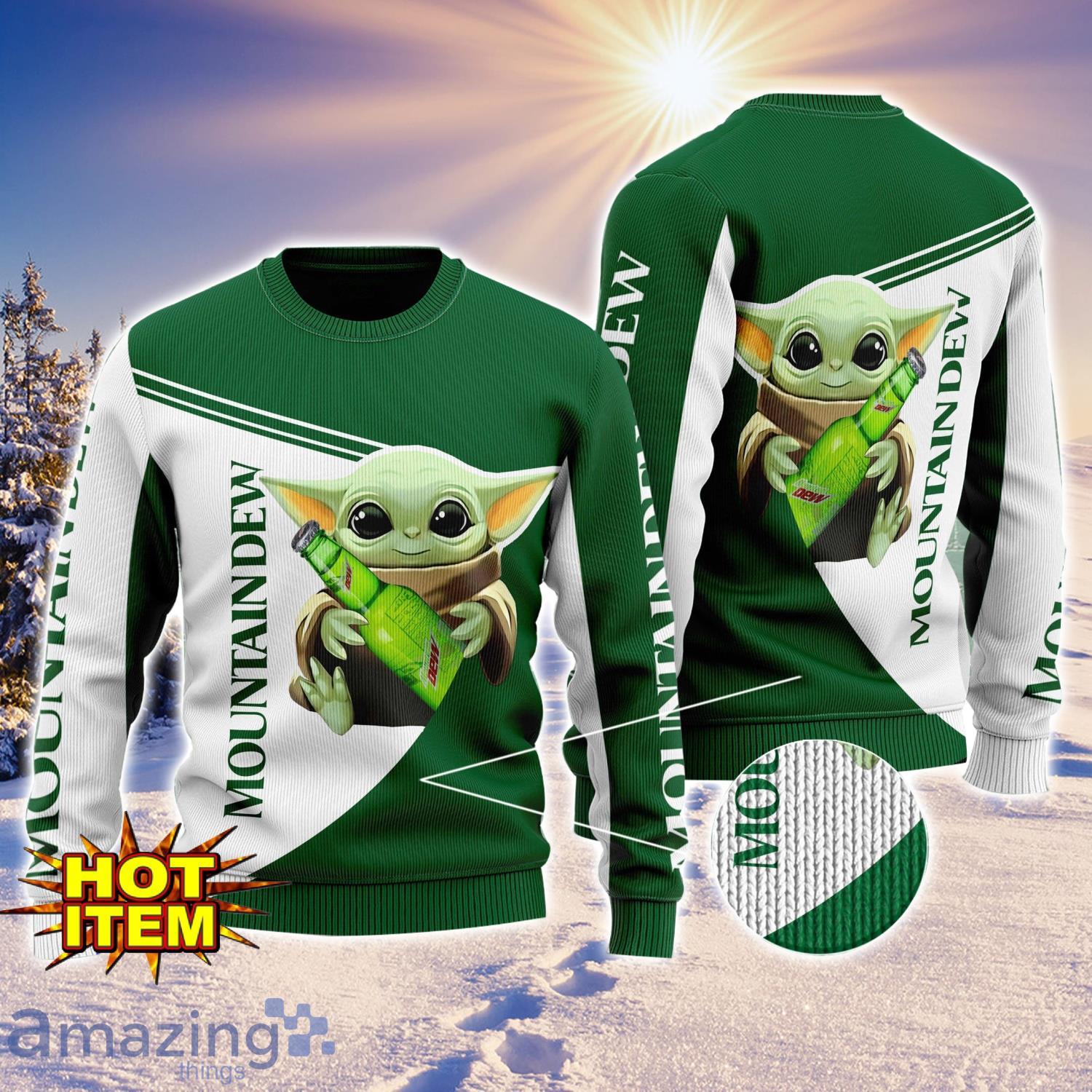 Baby Yoda Mountain Dew AOP Ugly Christmas Sweater Unisex For Men And Women image Baby Yoda Mountain Dew AOP Ugly Christmas Sweater Unisex For Men And Women Product Photo 1
