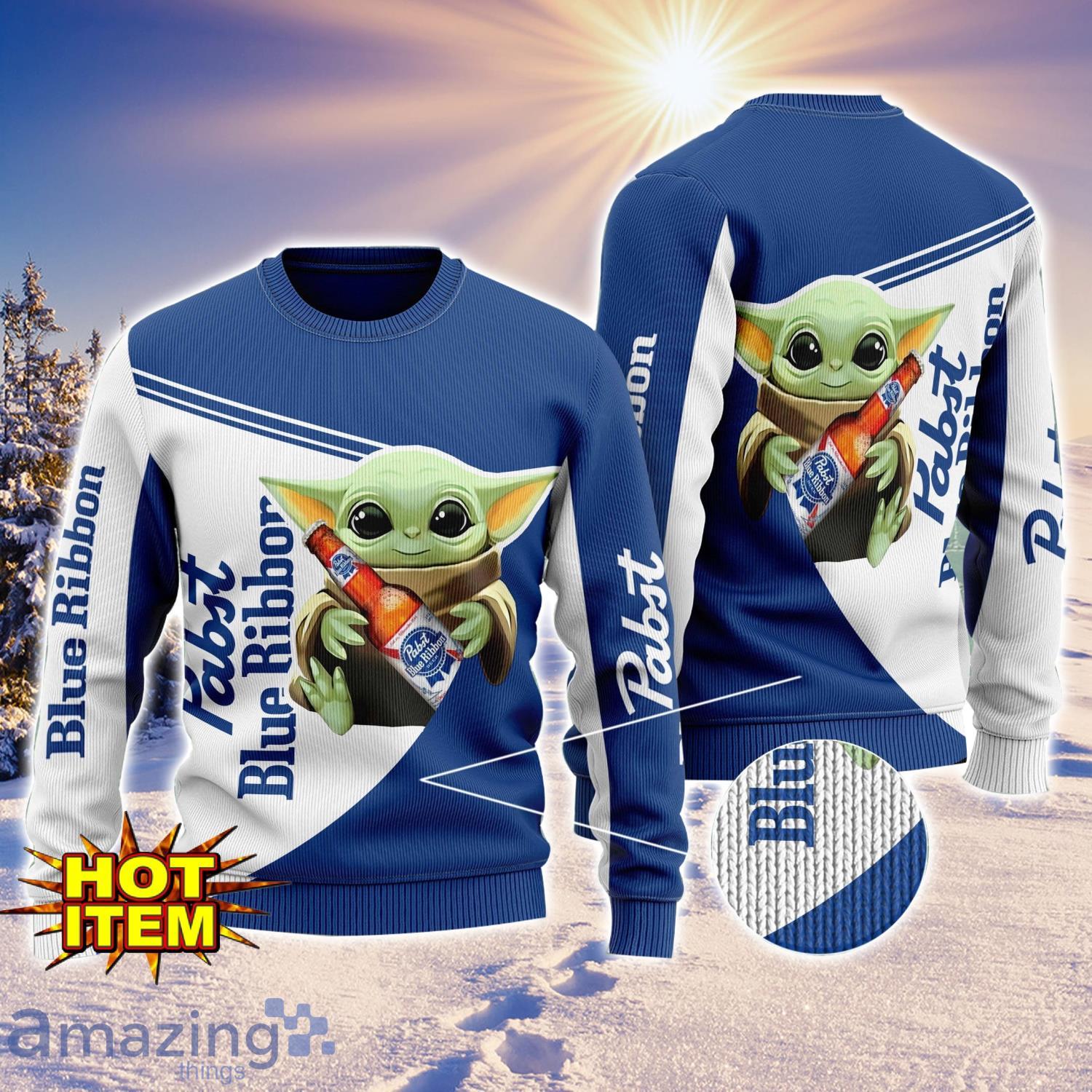 Baby Yoda Pabst Blue Ribbon AOP Ugly Christmas Sweater Unisex For Men And Women image Baby Yoda Pabst Blue Ribbon AOP Ugly Christmas Sweater Unisex For Men And Women Product Photo 1