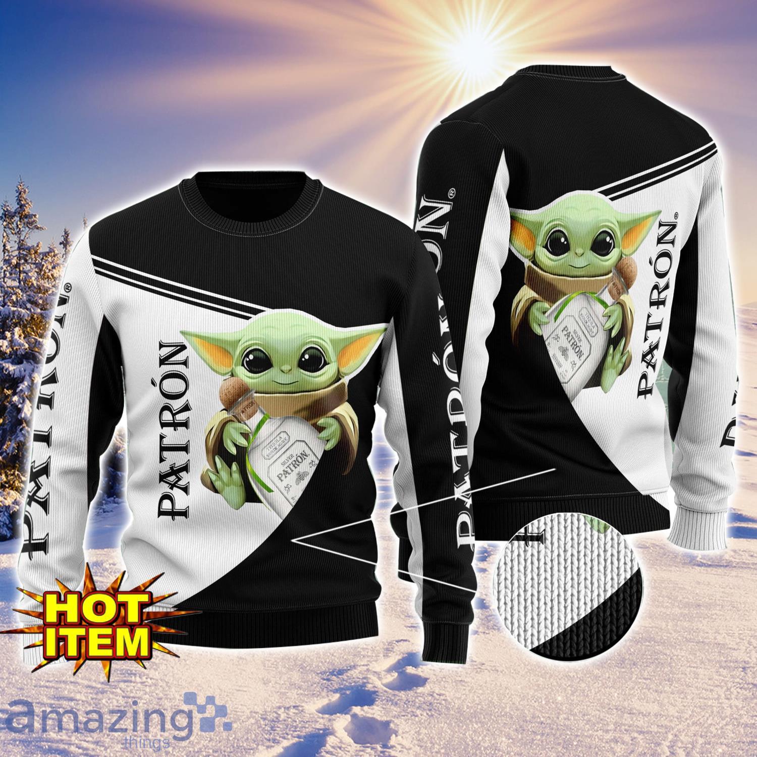 Baby Yoda Patron Tequila AOP Ugly Christmas Sweater Unisex For Men And Women image Baby Yoda Patron Tequila AOP Ugly Christmas Sweater Unisex For Men And Women Product Photo 1