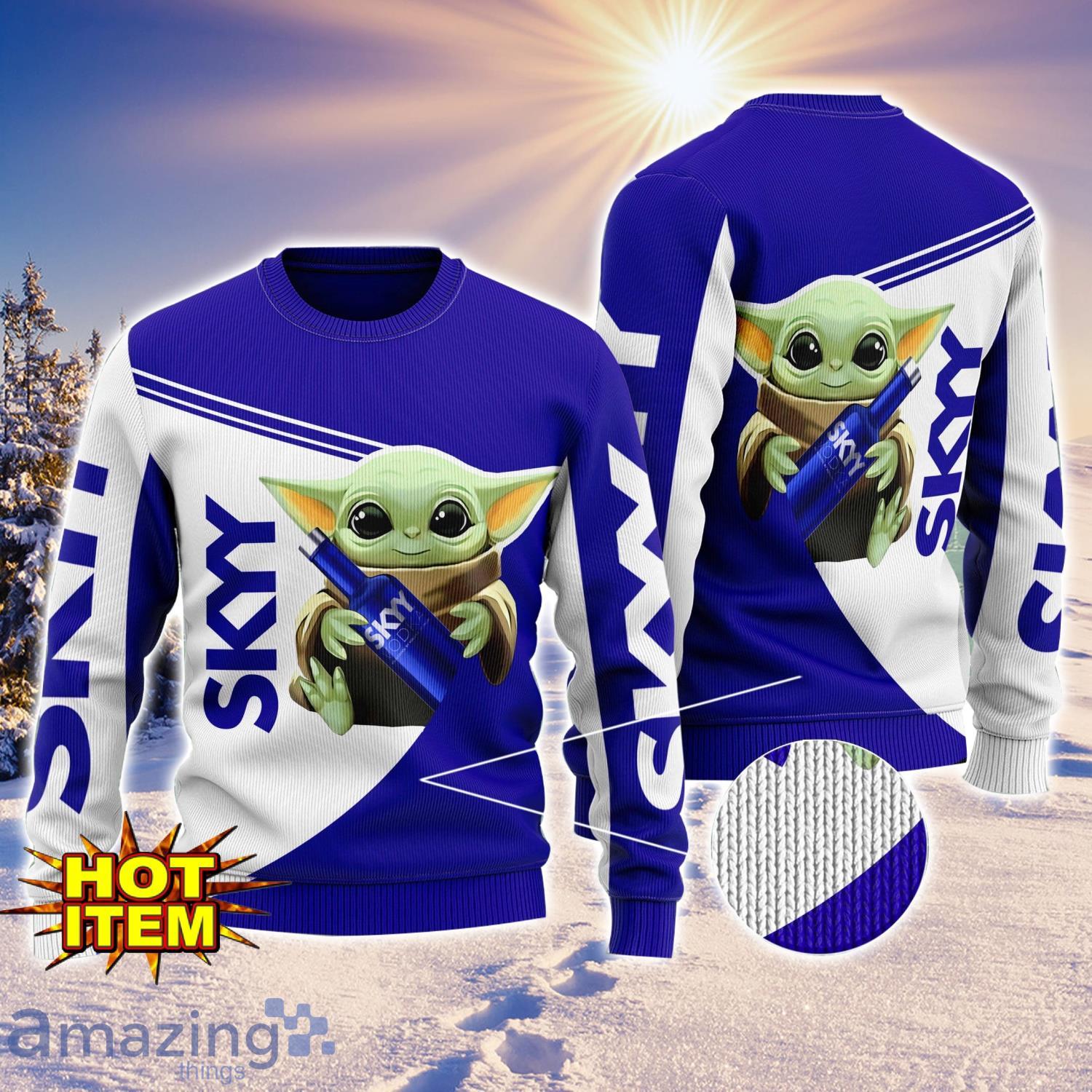 Baby Yoda SKYY Vodka AOP Ugly Christmas Sweater Unisex For Men And Women image Baby Yoda SKYY Vodka AOP Ugly Christmas Sweater Unisex For Men And Women Product Photo 1