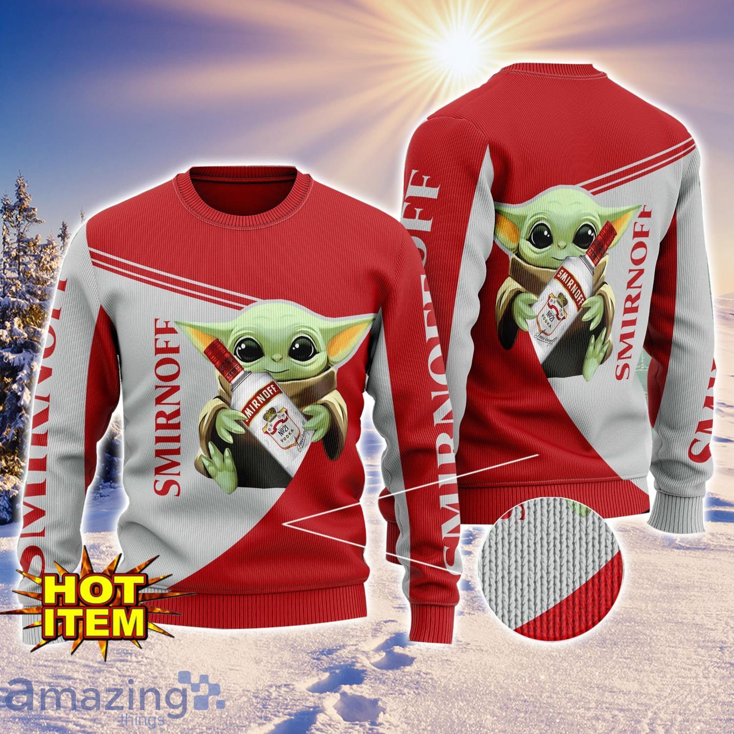 Baby Yoda Smirnoff Vodka AOP Ugly Christmas Sweater Unisex For Men And Women image Baby Yoda Smirnoff Vodka AOP Ugly Christmas Sweater Unisex For Men And Women Product Photo 1