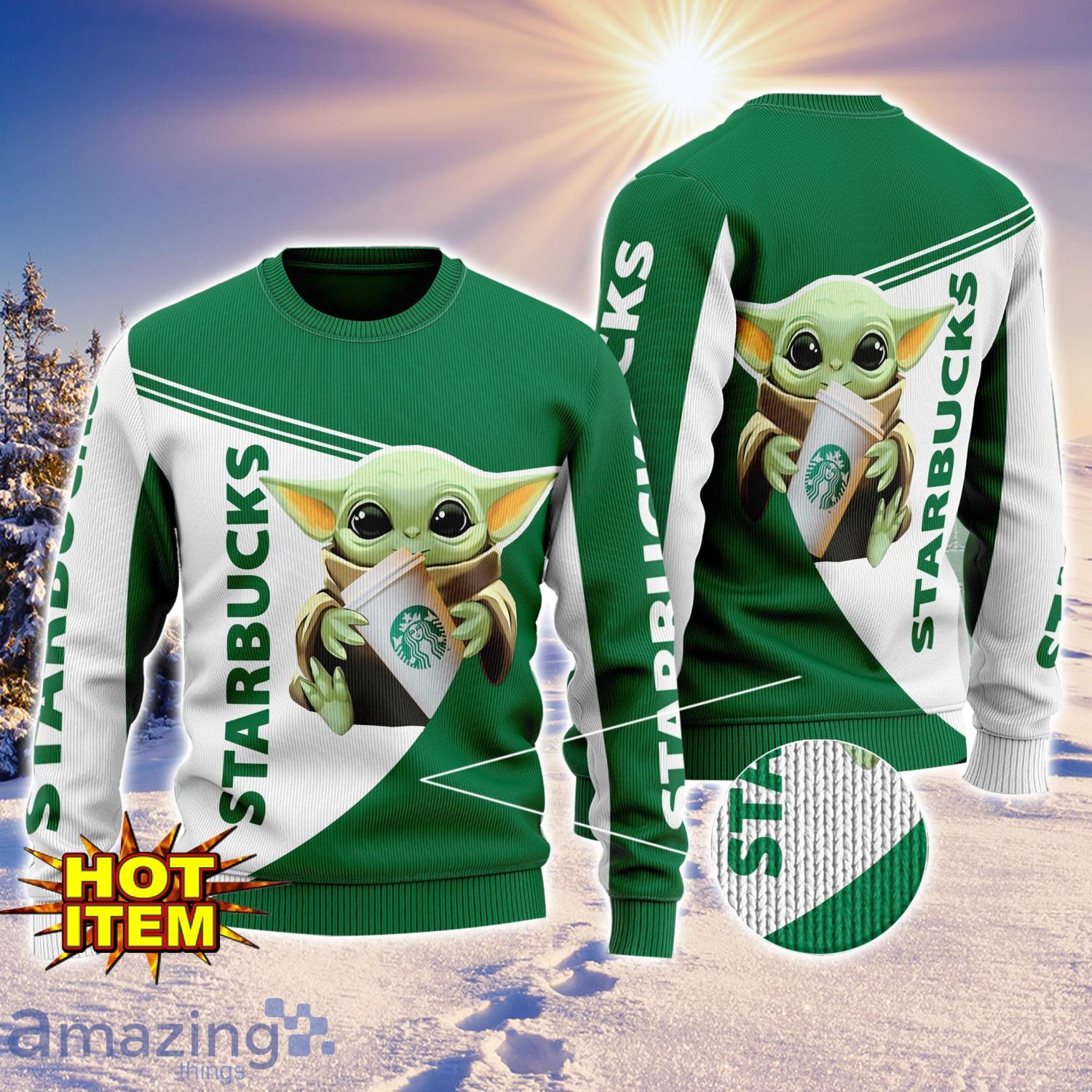Baby Yoda Starbucks Coffee AOP Ugly Christmas Sweater Unisex For Men And Women image Baby Yoda Starbucks Coffee AOP Ugly Christmas Sweater Unisex For Men And Women Product Photo 1