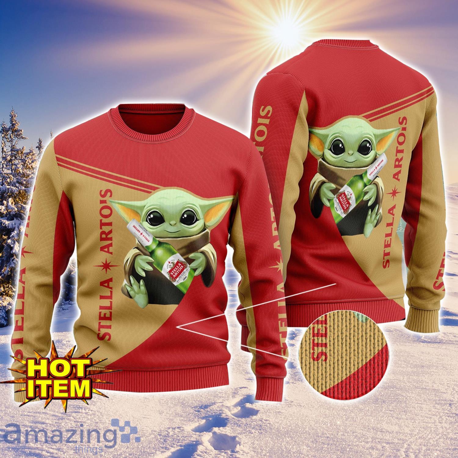 Baby Yoda Stella Artois AOP Ugly Christmas Sweater Unisex For Men And Women image Baby Yoda Stella Artois AOP Ugly Christmas Sweater Unisex For Men And Women Product Photo 1